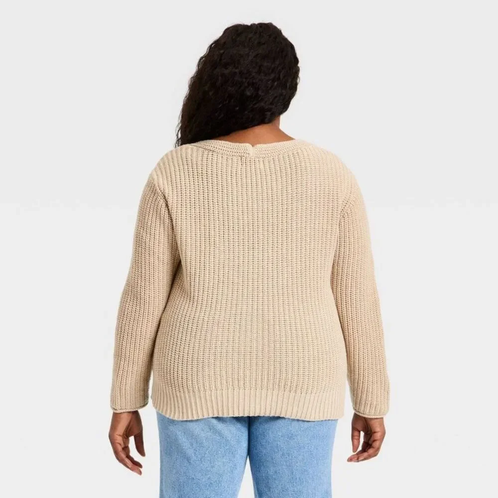 Women'S Wide V-Neck Pullover Sweater - Oatmeal 2X